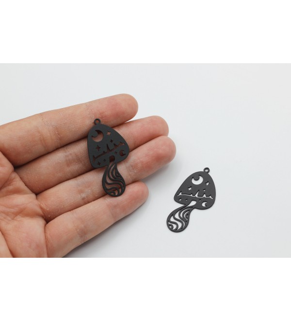 Black Mushroom Charm, Celestial Mushroom Charm Pendant, Black Plated Stainless Steel Earring Charms, Charms for Jewelry Making P-1752