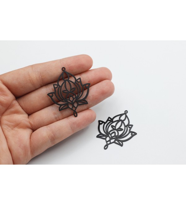 Black Lotus Charm, Black Plated Flower Charm, Stainless Steel Earrings Charms, Black Plated Laser Cut Jewelry Making Supplies P-1726