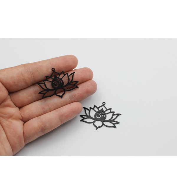 Black Lotus Charm, Flower Charm, Om Mantra Buddhism Hinduism Charms, Flower Charm, Laser Cut Charms, Jewelry Making Supplies P-1602