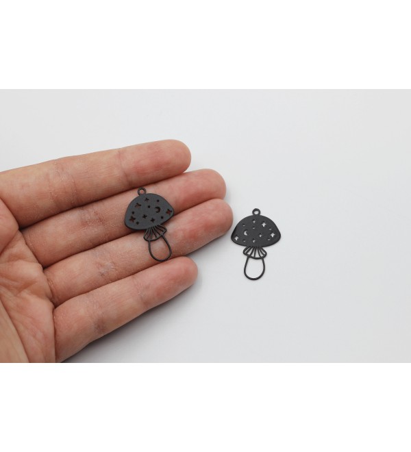 Black Plated Mushroom Charm, Mushroom Pendant, Moon Stars Celestial Mushroom Charm, Halloween Charms, Laser Cut Jewelry Supplies P-1368