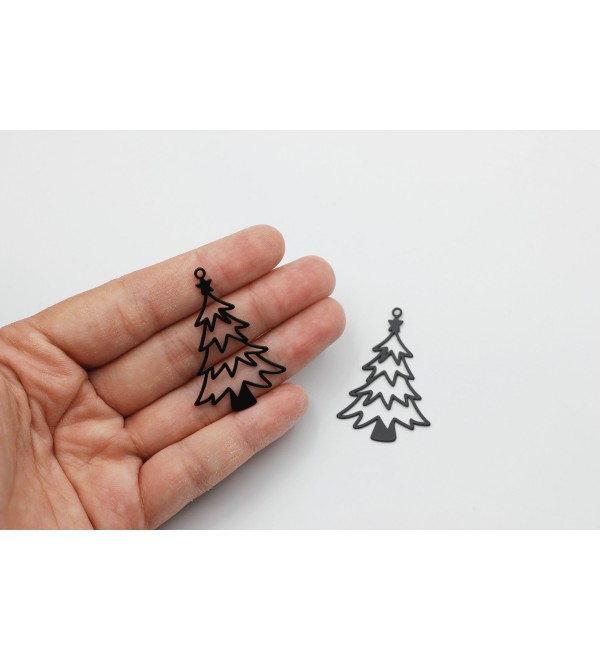 Black Plated Christmas Tree Charm, Pine Tree Charm, Open Tree Charm, Christmas Charms, Earring Charms, Jewelry Making Supplies P-1612