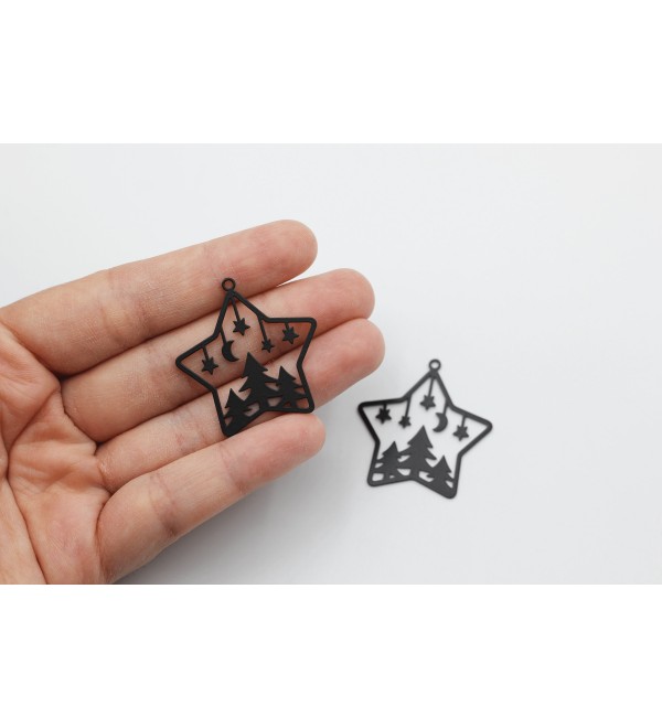 Black Plated Star Charm, Christmas Tree with Moon and Stars Charm, Steel Earring Charms, Christmas Charms, Jewelry Supplies P-1625