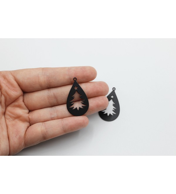 Black Plated Christmas Tree Charm, Teardrop Earring Charm, Christmas Charms, Christmas Findings Laser Cut Jewelry Supplies P-1435