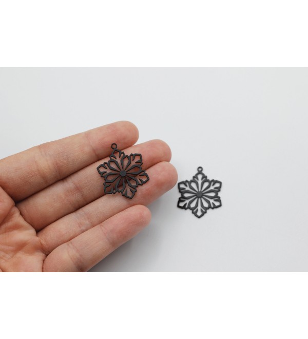 Black Plated Snowflake Charm Pendant, Stainless Steel Christmas Charms, Winter Charms, Laser Cut Jewelry Making Supplies P-1462