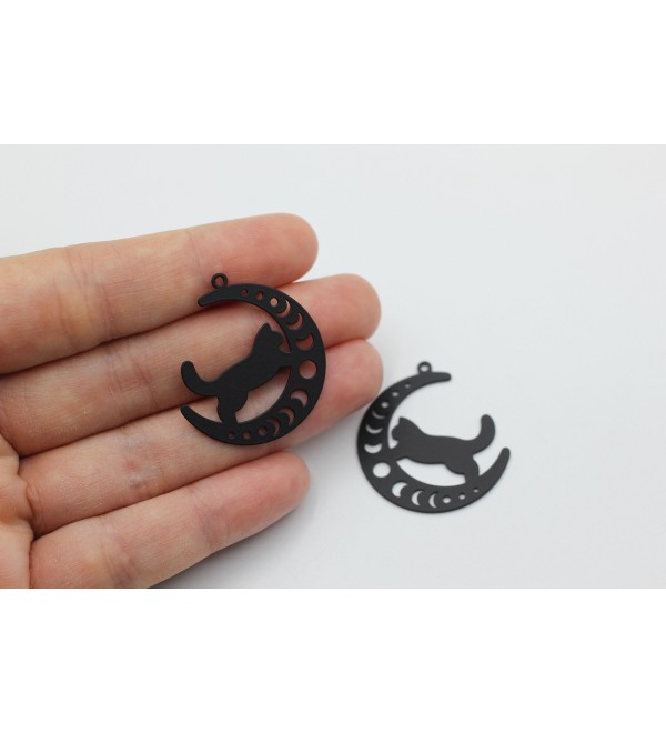 Black Plated Cat Charm, Cat on Crescent Moon Charm, Laser Cut Necklace Charms, Earring Making Findings Supplies P-1947