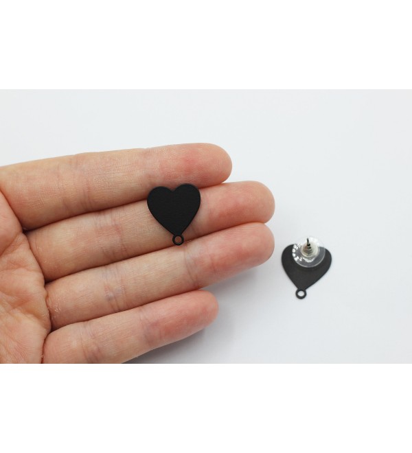 1 Pair Black Plated Heart Earrings, Heart Stud Earrings, Jewelry Supplies, Steel Stud Earrings, Earring Post, Heart Earring Posts P-1666