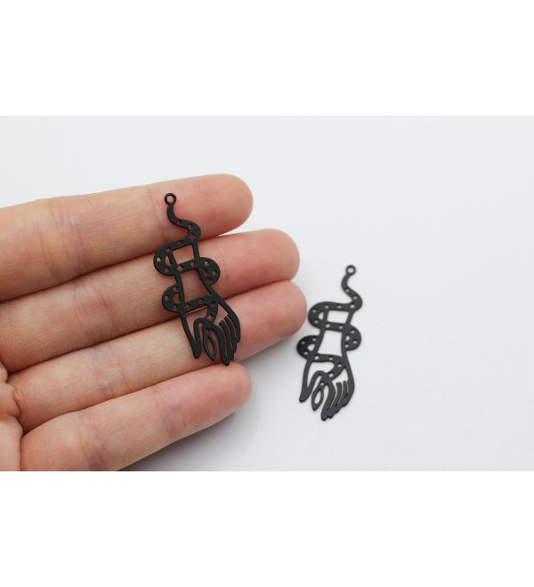 Black Plated Snake Charm, Snake Wrapped Around Hand Charm, Earring Charms, Laser Cut Findings, Steel Jewelry Making Supplies P-2037