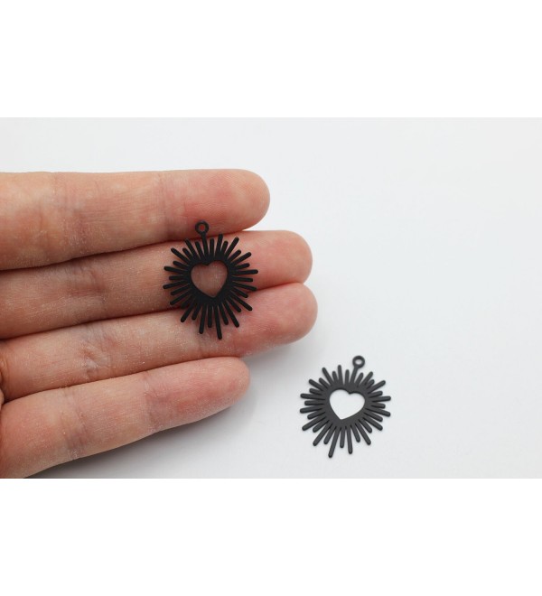 Black Plated Heart Charm, Sunburst Heart Charm, Black Heart Earrings, Black Earring Pendants, Earring Findings, Black Plated Findings P-2020