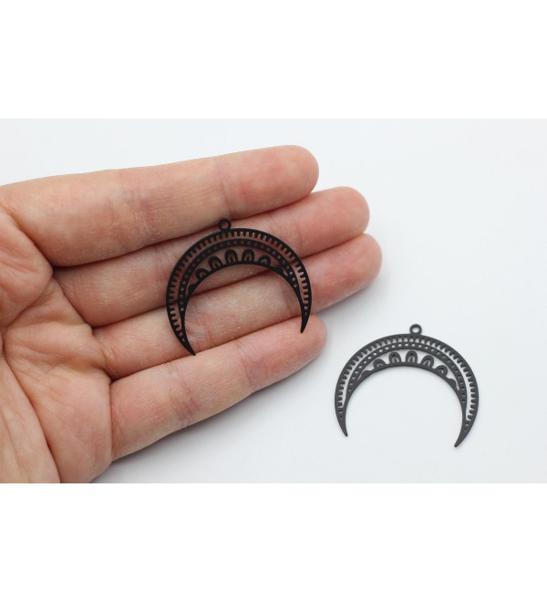 Black Plated Crescent Moon Mandala Geometric Charm Pendant, Geometric Crown Shaped Charm, Laser Cut Jewelry Supplies P-1060