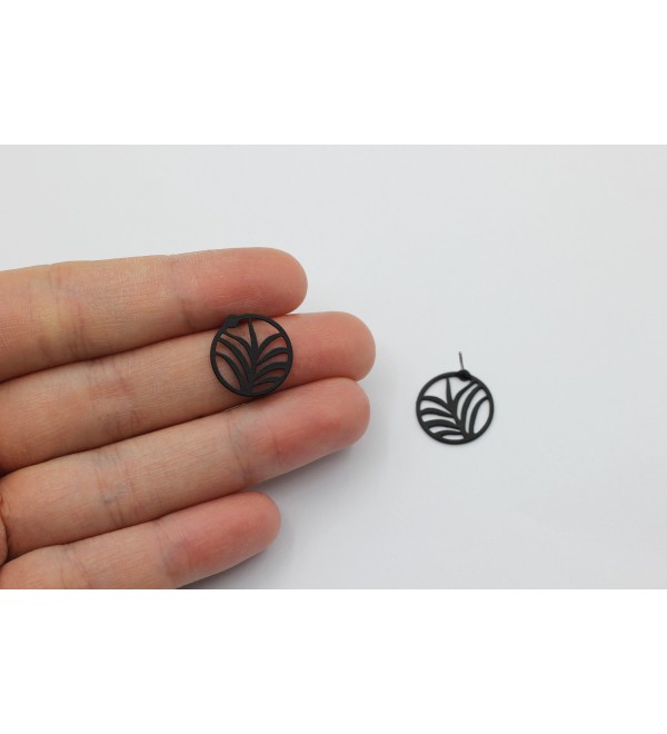 1 Pair Black Plated Palm Leaf Earrings, Steel Round Palm Stud Earrings, Palm Tree Studs, Stainless Steel Earring Findings, Jewelry Supplies P-1650