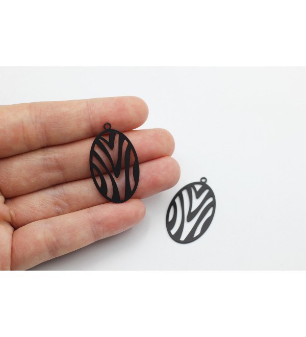 Black Plated Geometric Oval Charm, Laser Cut Earring Charms, Black Plated Steel Jewelry Making Supplies, DIY Jewelry Components P-1899