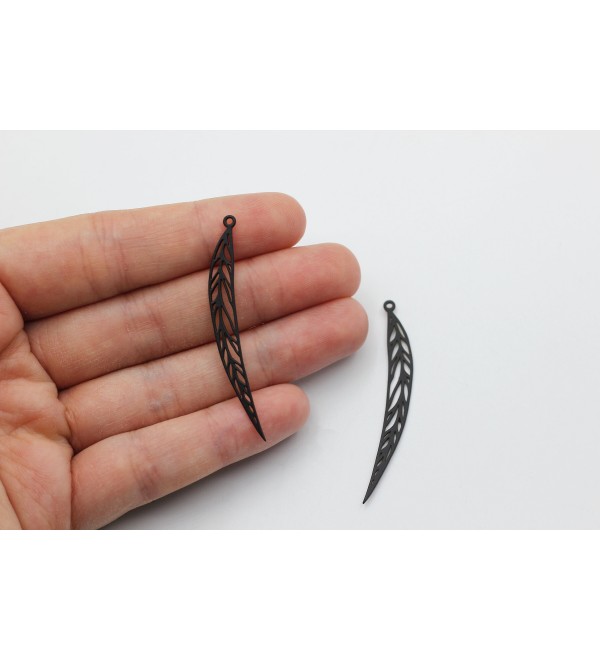 Black Plated Leaf Charm, Elongated Leaf Pendant, DIY Charms for Earring Making, Laser Cut Jewelry Supplies, Earring Findings P-1073