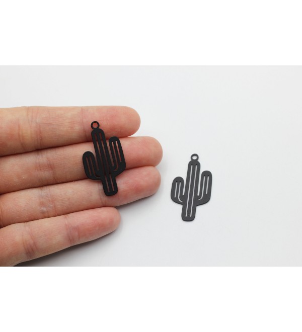 Black Plated Cactus Charm, Cactus Pendant, Laser Cut Charms, Earring Pendants, Earring Accessories, Jewelry Making Supplies  P-1028