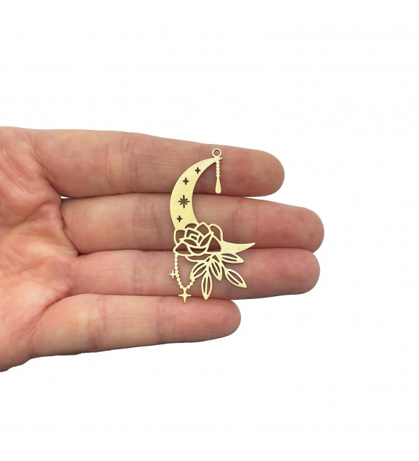 Brass Crescent Moon Flower Charm, Brass Celestial Earring Charms, Moon and Stars Charm, Jewelry Making Supplies Components RW-2160