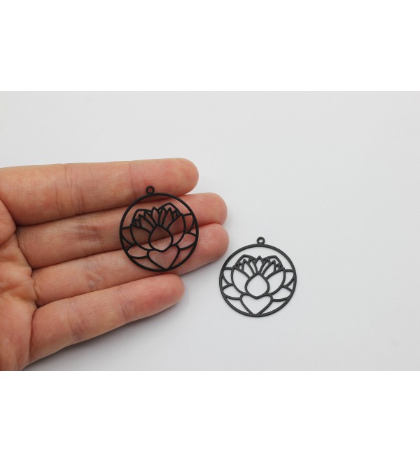 Black Plated Lotus Earring Charms, Round Lotus Flower Pendant, Earring Findings, Laser Cut Jewelry Supplies, Steel Pendants P-1537