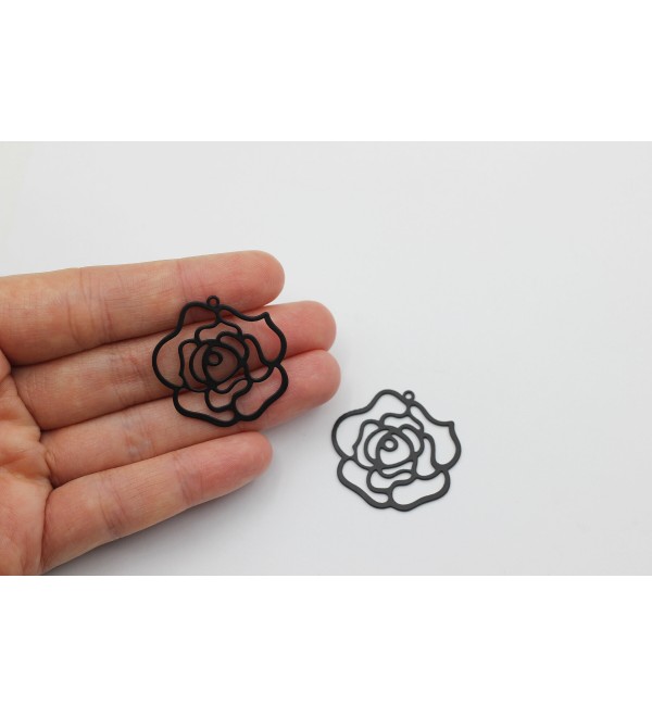 Black Plated Flower Charm, Black Rose Charm, Geometric Flower Plant Charm, Earring Findings, Laser Cut Jewelry Making Supplies P-1019