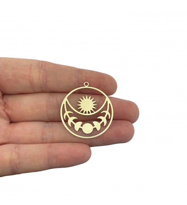 Raw Brass Round Moon Phase Charm, Sun and Moon Earring Charm, Brass Celestial Charms for Jewelry Making, Laser Cut Jewelry Supplies RW-2169